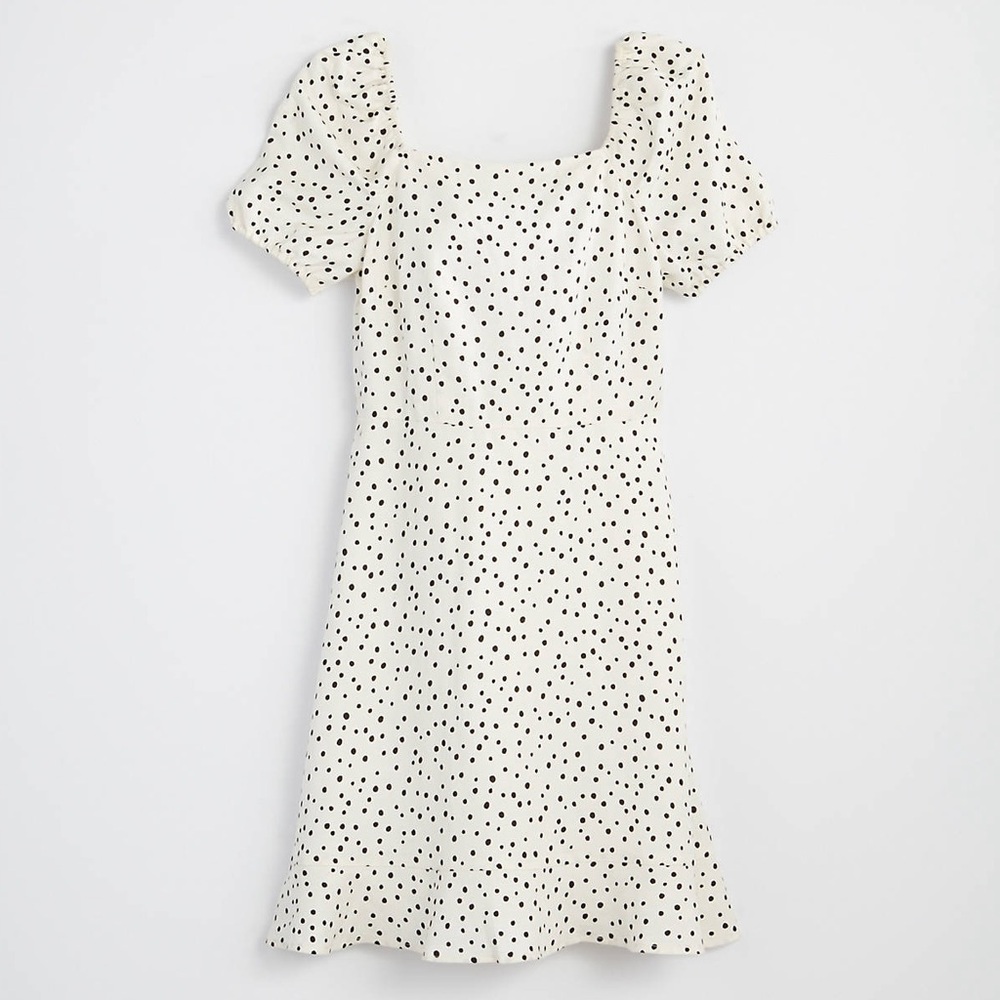 LOFT Dotted Tie Back Flare Dress Women's Size 6 Linen Blend Prairie Coquette